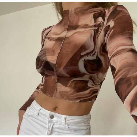PrettyLittleThing Brown Swirl Sheer Top Size 12 - Picture 1 of 9